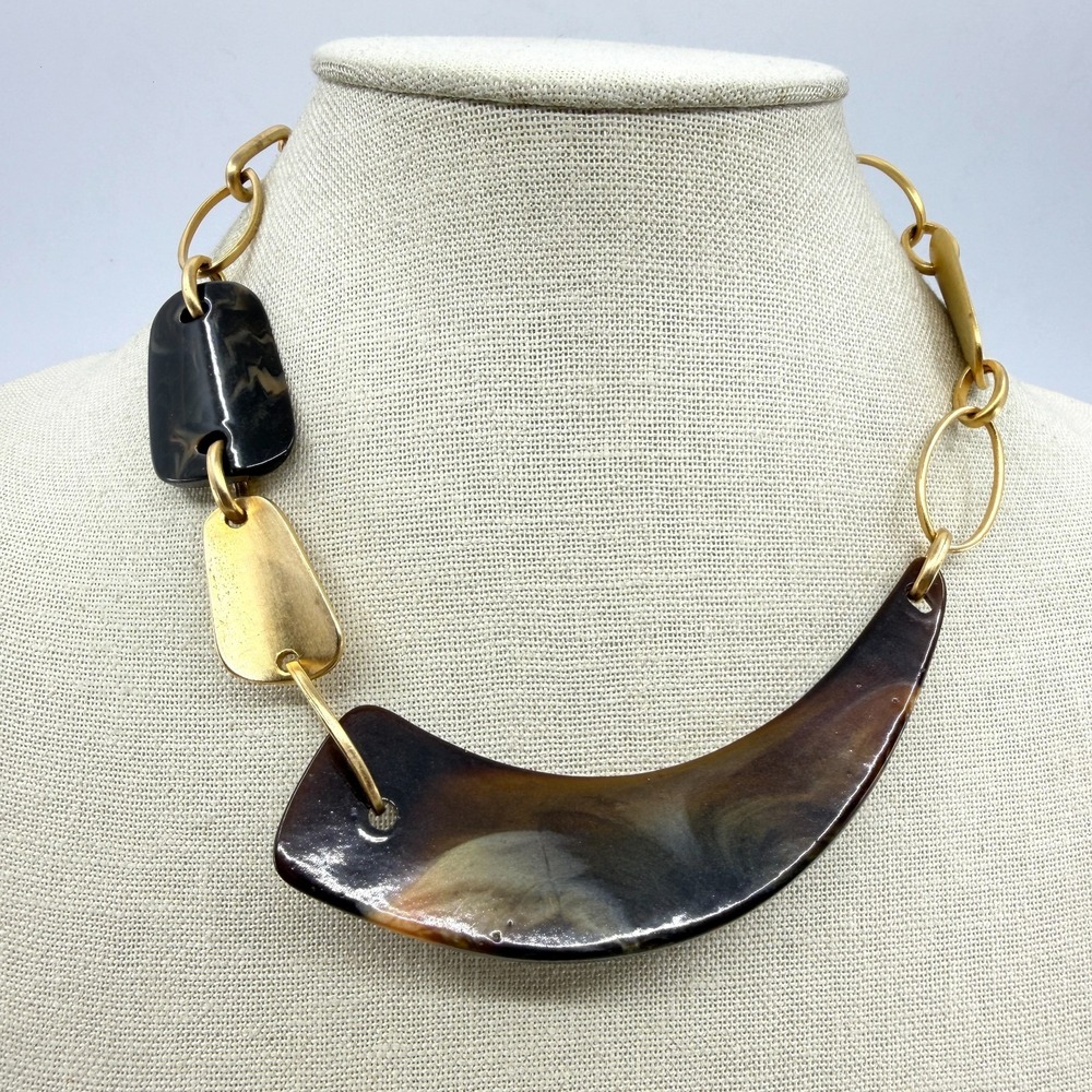 Statement Crescent Necklace Tortoiseshell Resin Gold Tone Boho Chunky Layering